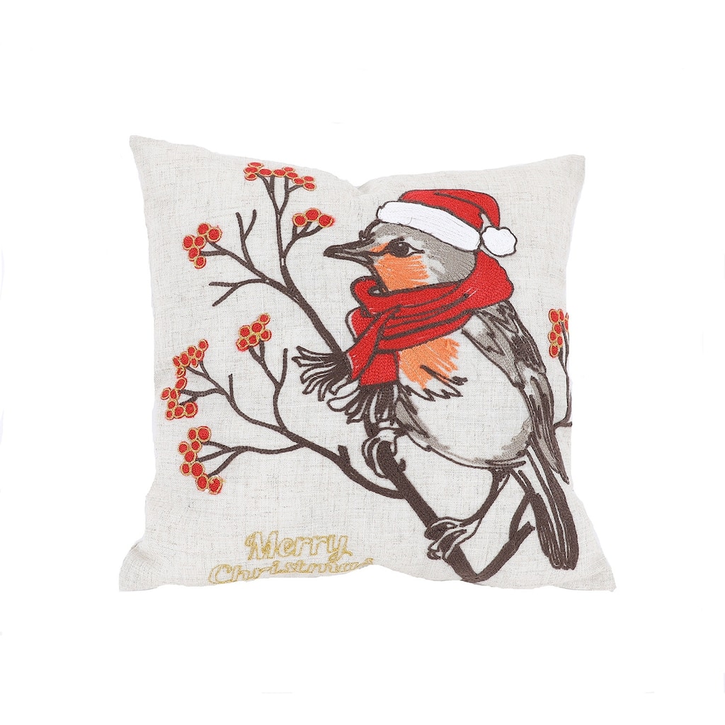 14" X 14" Gray and Red Bird Christmas Linen Linen Blend Zippered Pillow With Embroidery