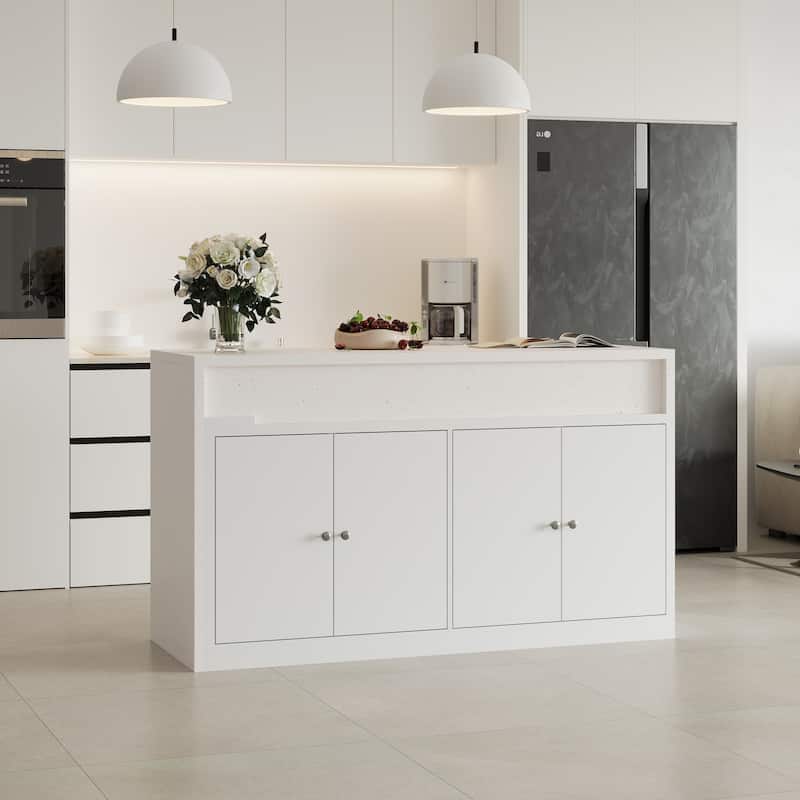 Modern Kitchen Island with Pull-Out Faux Marble Top, White Storage Cabinet with Large Capacity Shelves Kitchen Dining Table