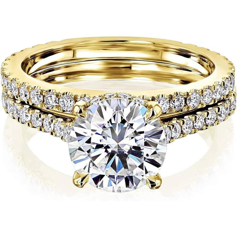 Kobelli 2.88 Carats Moissanite & Lab Grown Diamond 14k Solid Gold Round Fancy Hidden Halo Near Eternity Vietta 2pc Bridal Set - 4 - White