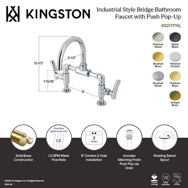 Kingston Brass Hallerbos Two-Handle 4-Hole Deck Mount Bridge Bathroom Faucet with Brass Pop-Up Drain