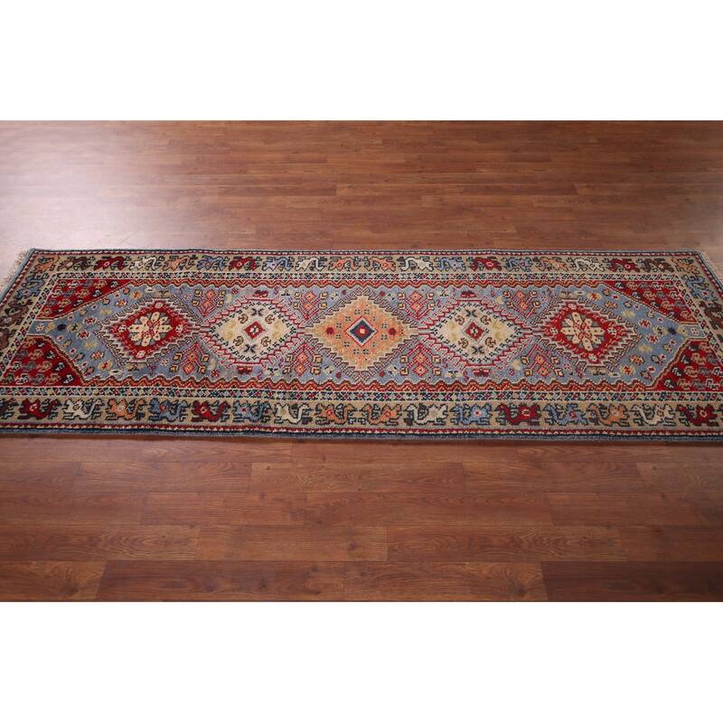 Light Blue Kazak Oriental Runner Rug Handmade Wool Carpet - 2'7"x 8'0"