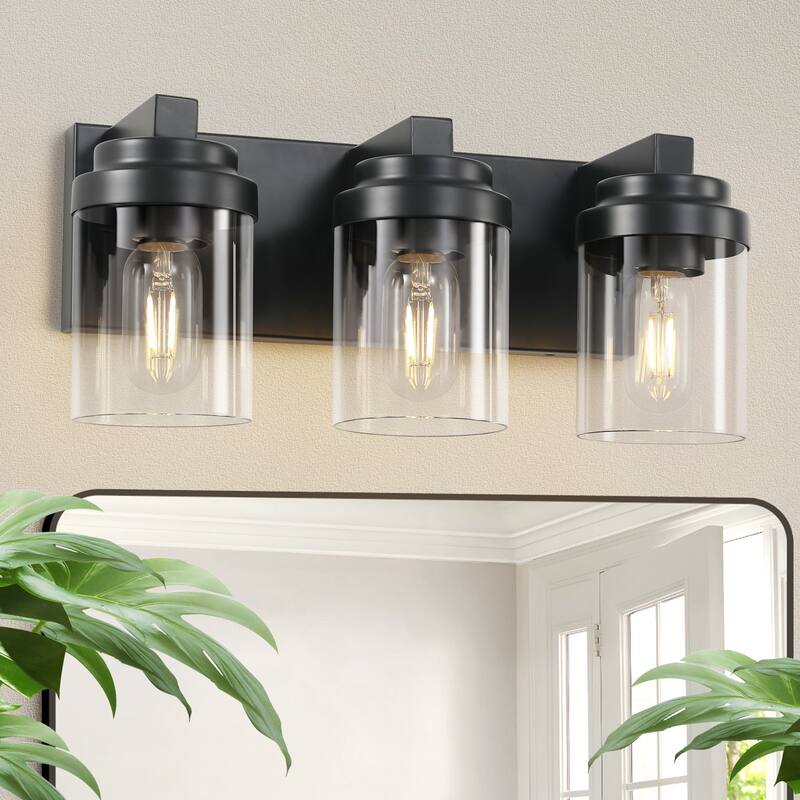 3 Light Bathroom Vanity Light, Matte Black Bathroom Light Fixtures with Clear Glass Shade, Vanity Light Fixtures Over Mirror - Black