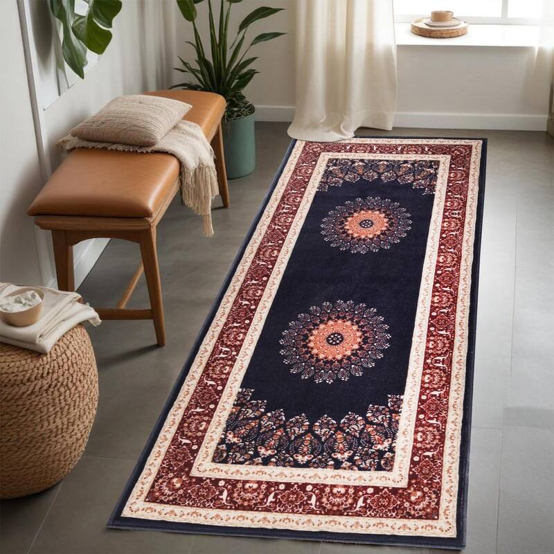 Superior Nanterre Floral Medallion Washable Indoor Runner or Area Rug - 2' x 6' Runner - Black-Ivory