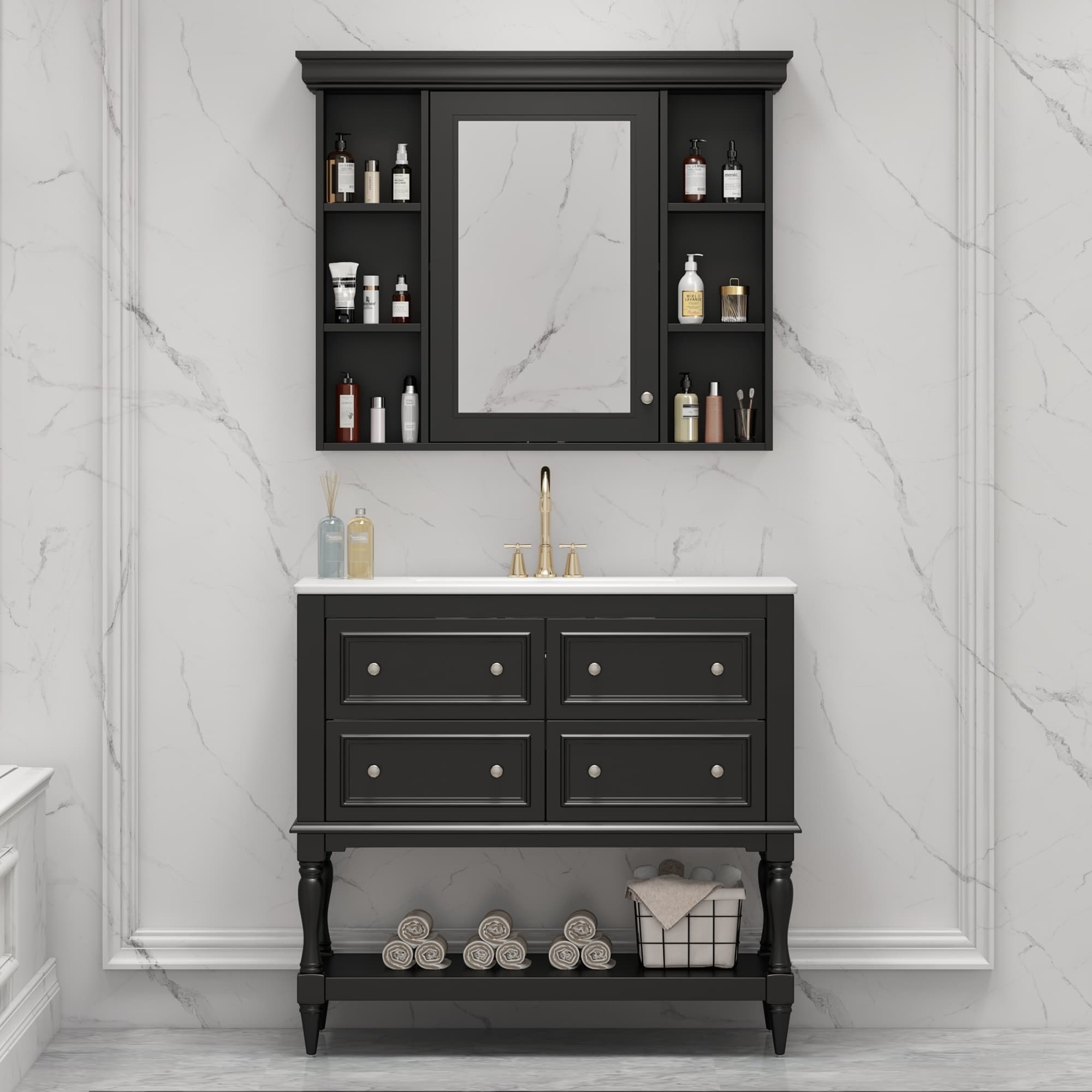36'' Solid Wood Frame Bathroom Vanity with Modern Medicine Cabinet