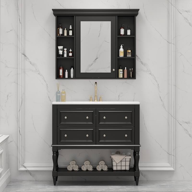 Modern Bathroom Furniture Set of 2 with Medicine Cabinet and Vanity - Black