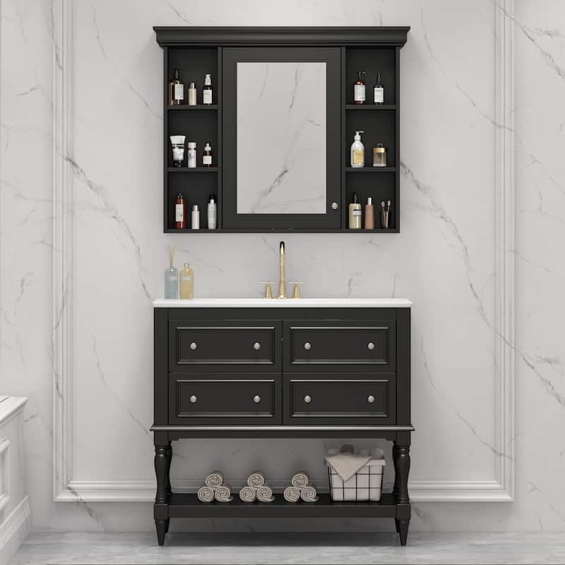Roomfitters 36 Inch Bathroom Vanity with Medicine Cabinet, Solid Wood Frame Storage Cabinet with 4 Drawers and Shelf, Black - Black