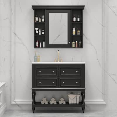 Roomfitters 36 Inch Bathroom Vanity with Medicine Cabinet, Solid Wood Frame Storage Cabinet with 4 Drawers and Shelf, Black