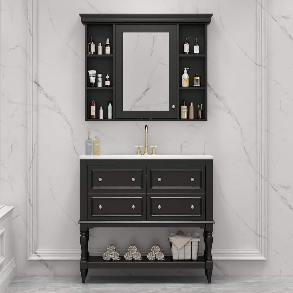Roomfitters 36 Inch Bathroom Vanity with Medicine Cabinet, Solid Wood Frame Storage Cabinet with 4 Drawers and Shelf, Black