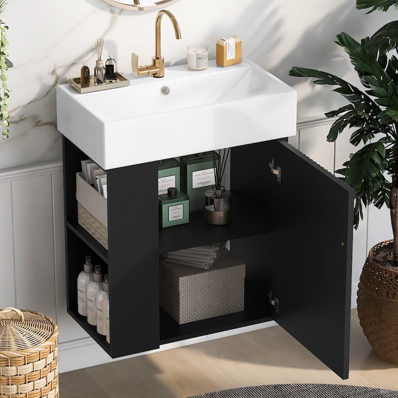 Floating Bathroom Vanity Cabinet with Sink & Left Side Storage, Black - 21.6 Inch