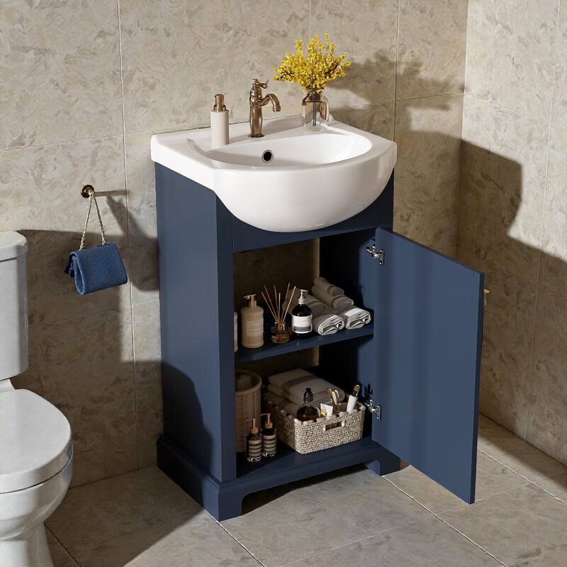20" Bathroom Vanity with Bulged Ceramic Sink, French Style Freestanding Single Vanity with Soft-Close Door