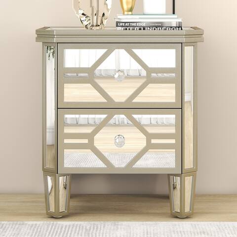 Diamond-like Elegant Mirrored with 2-Drawer Nightstand End Table with Golden Lines for Living Room,Bedroom and Other Scenes