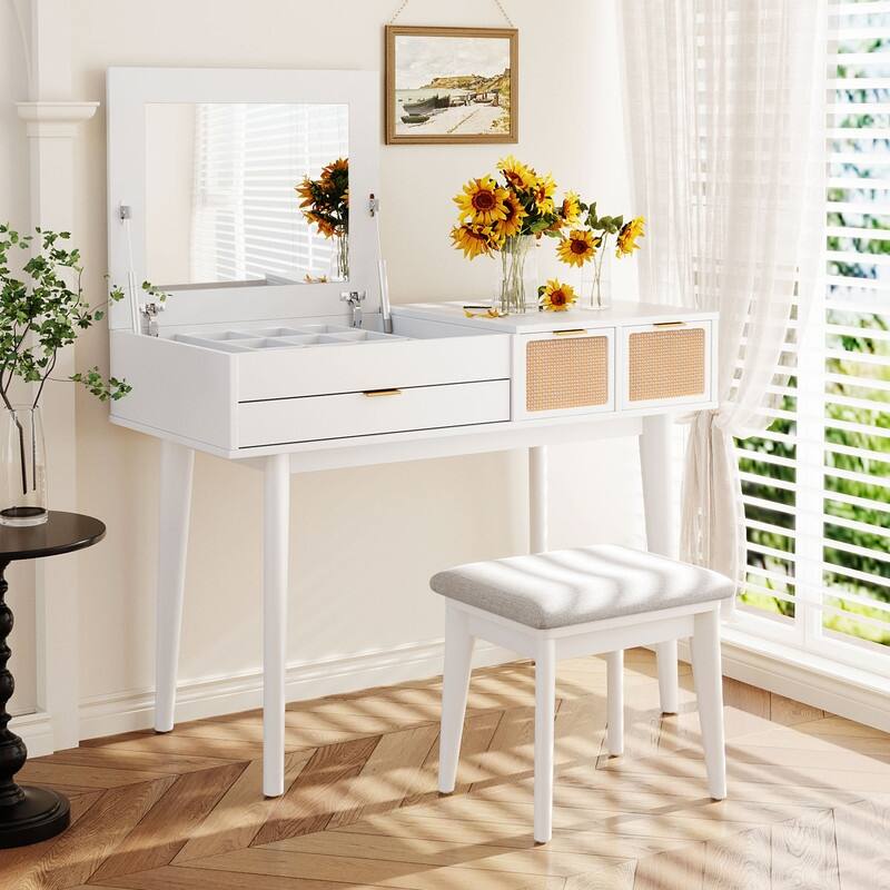 43.3" Classic Wood Makeup Vanity Set with Hidden Mirror, 3 Drawers & Upholstered Stool - White