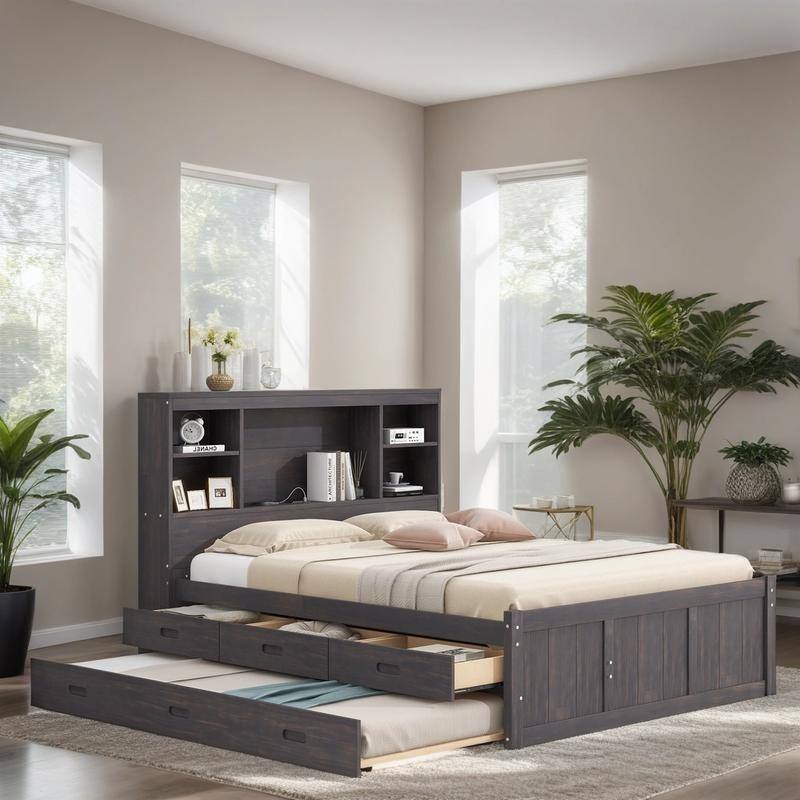 2Size Platform Bed w/ Twin Size Trundle Multi-functional Storage Headboard, Charging Station and 3 Drawers