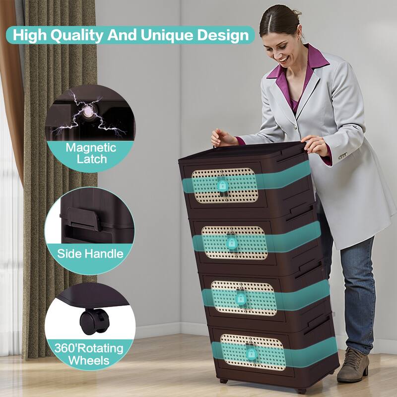 Anmytek Retro Brown 5 Tier Collapsible Plastic Storage Cabinet with Wheels Magnetic Door 20" Wide