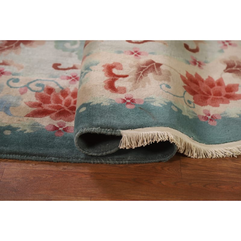 Hand Knotted Oriental 100% Wool Carpet Traditional Floral Green Art Deco Area Rug - 9' 8'' X 7' 11''