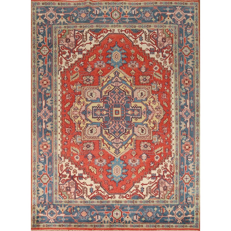 Geometric Heriz Serapi Indian Rug Hand-Knotted Orange Wool Carpet - 7'10"x 9'9"