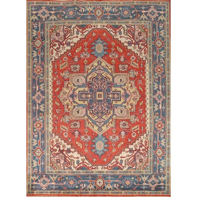 Geometric Heriz Serapi Indian Rug Hand-Knotted Orange Wool Carpet - 7'10"x 9'9"
