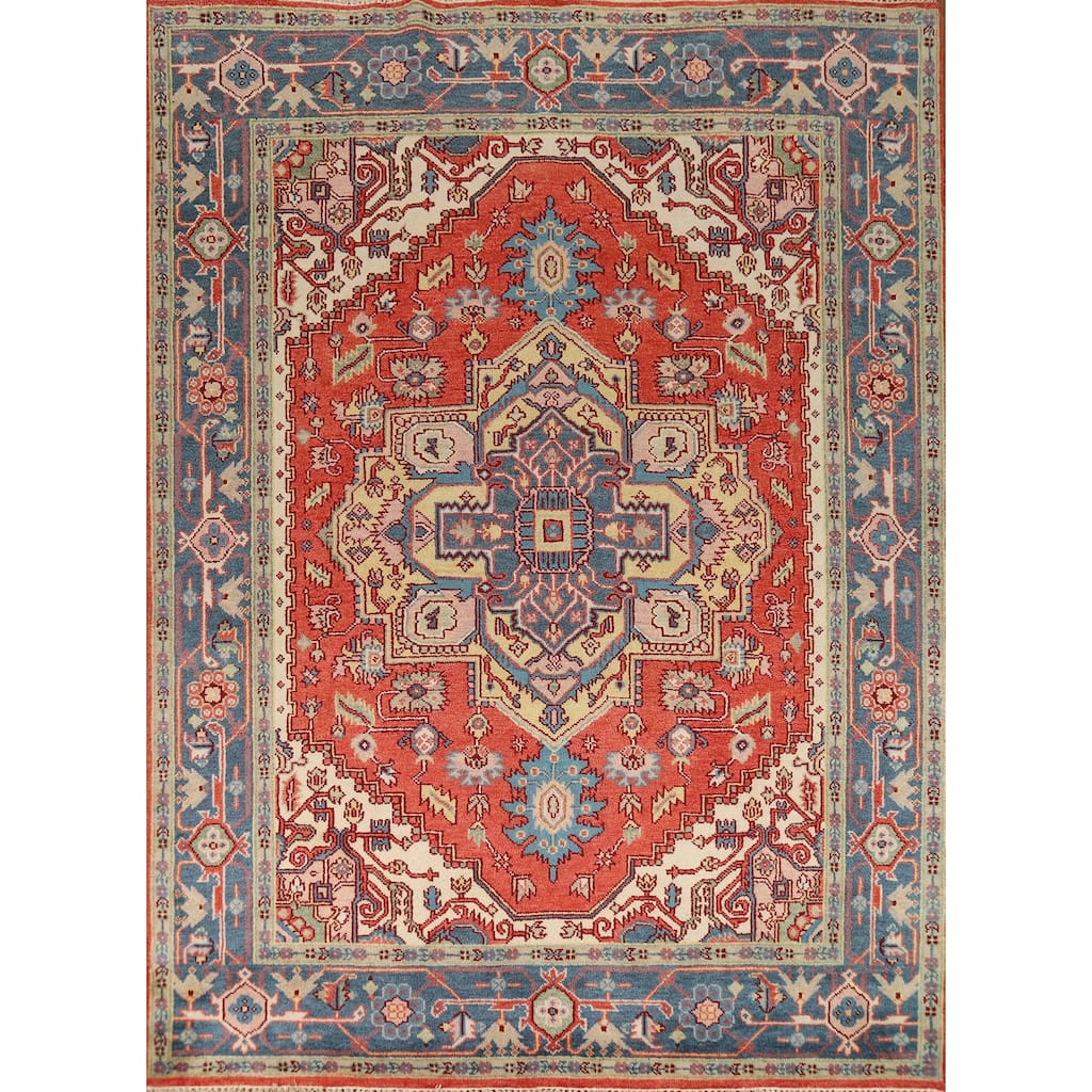 Geometric Heriz Serapi Indian Rug Hand-Knotted Orange Wool Carpet - 7'10"x 9'9"