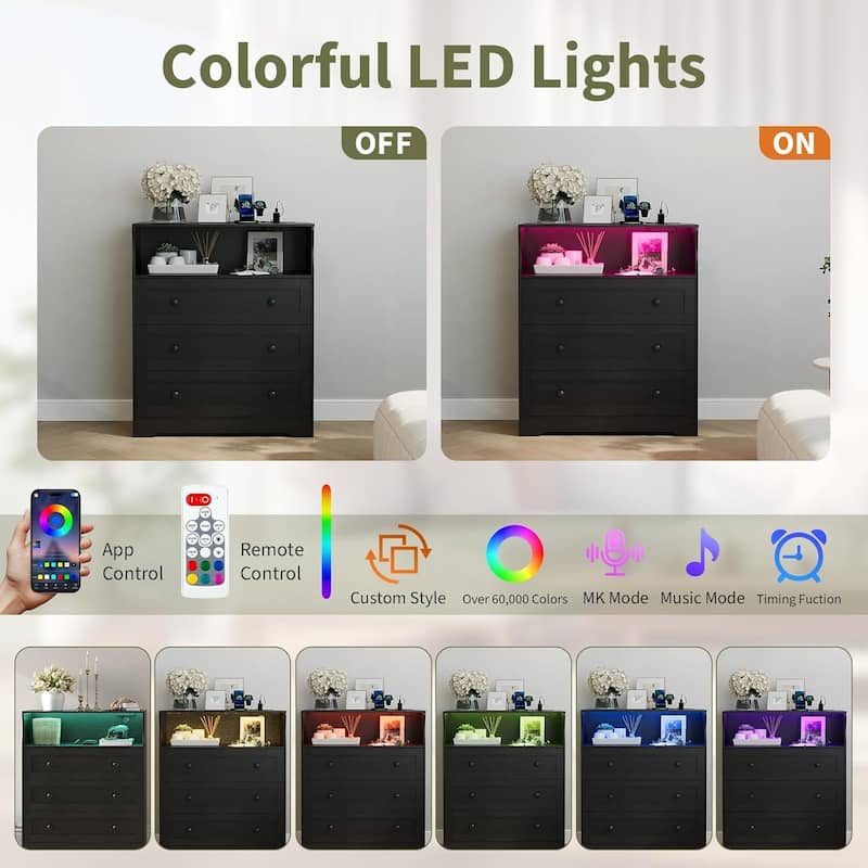 3 Drawer Dresser for Bedroom with Charging Station & LED Lights