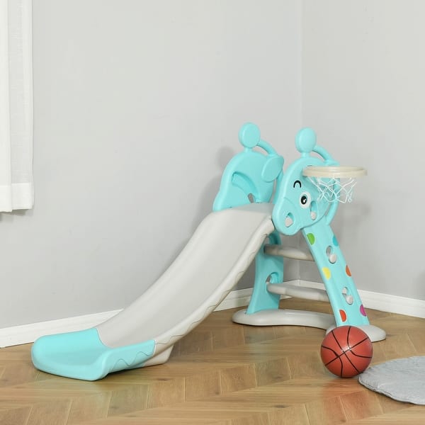 slide 2 of 10, Qaba 2 in 1 Kids Slide w/ Basketball Hoop for 18 months to 4 Years, Blue & Gray - 55" x 34.25" x 29.5"