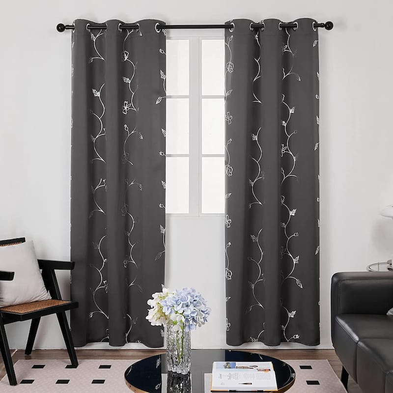 Deconovo Room Darkening Silver Floral Curtains (2 Panels) - 42x63 Inch - Dark Grey