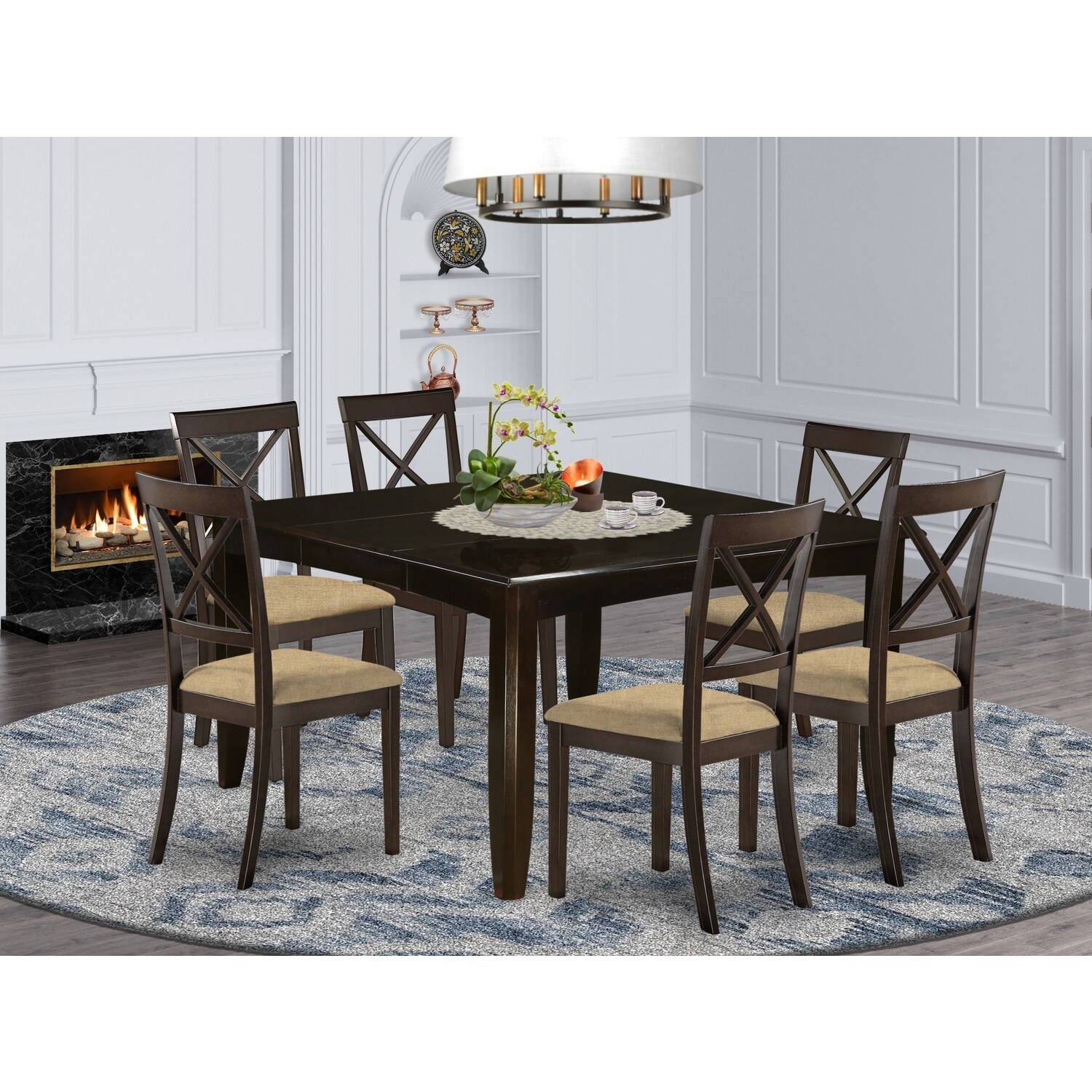 HomeStock 7-Piece Cappuccino Finish Solid Wood Top Dining Table with 6 Chairs