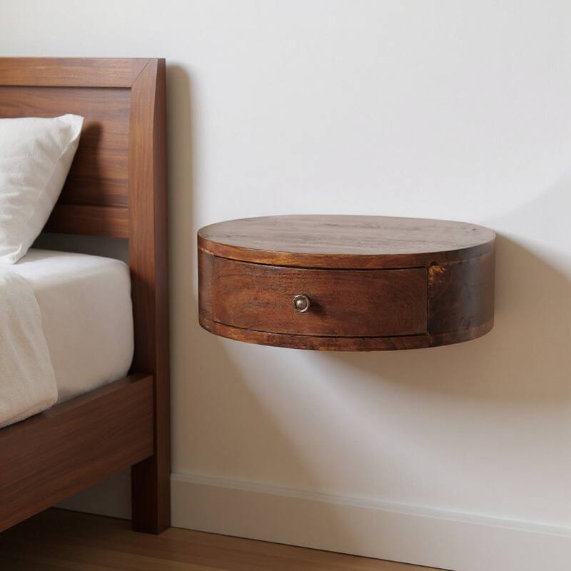 HomeRoots 16" Brown Solid Wood One Drawer Round Floating Nightstand - Brown - 1-drawer