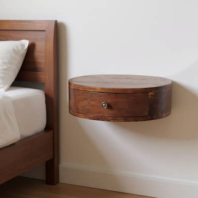 HomeRoots 16" Brown Solid Wood One Drawer Round Floating Nightstand
