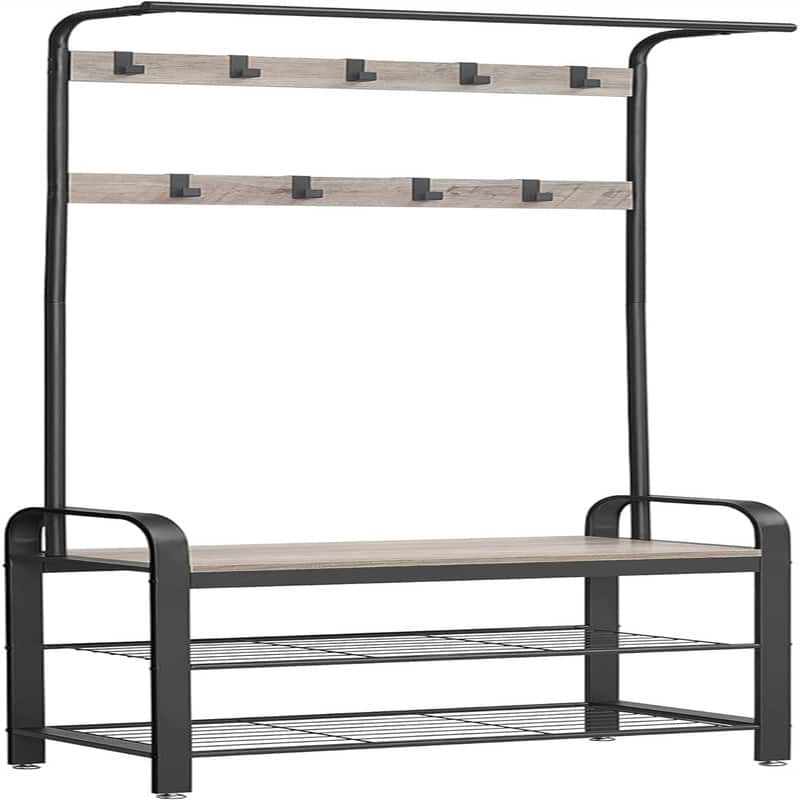 Entryway Bench with Coat Rack - Greige + Black