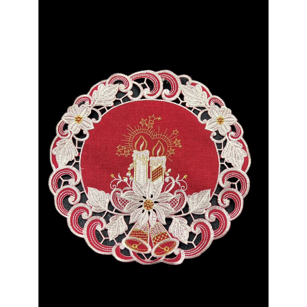 Poinsettia Embroidered Cutwork Round Placemat, 15-Inch diameter