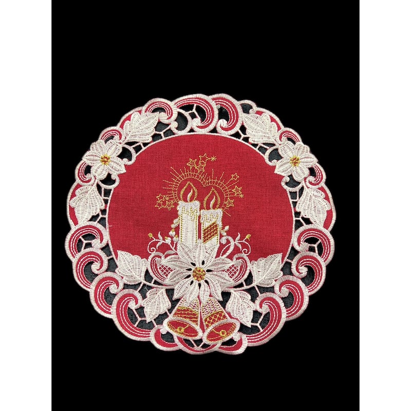 Poinsettia Embroidered Cutwork Round Placemat, 15-Inch diameter