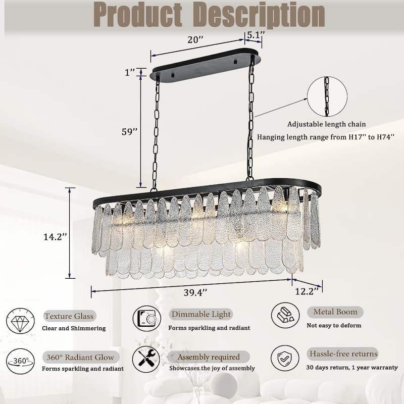 5/6-Light Vintage Textured Glass Chandelier Matte Black Rustic Art Glass Hanging Light