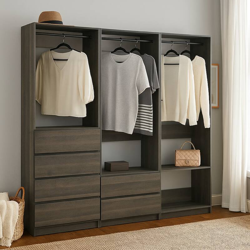 Dee Walk In Closet, Modular Freestanding Storage 4 Shelf 3 Rods, Black