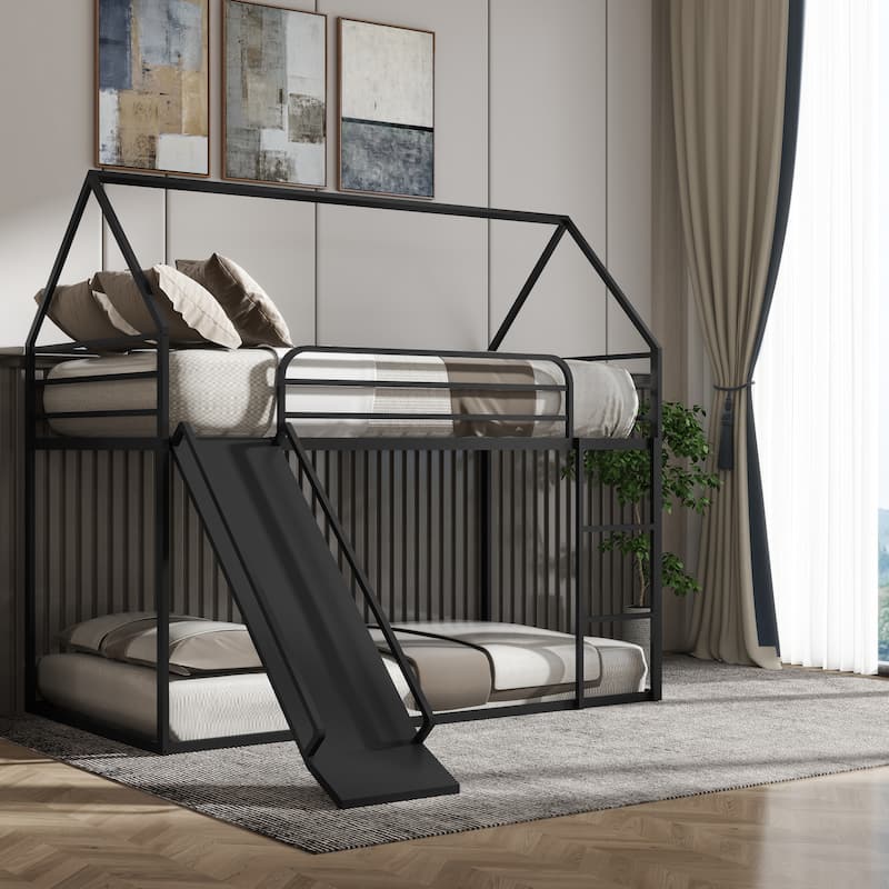 Metal Twin Over Twin House Bunk Bed with Ladder and Slider, Sturdy and Safe Design, Black