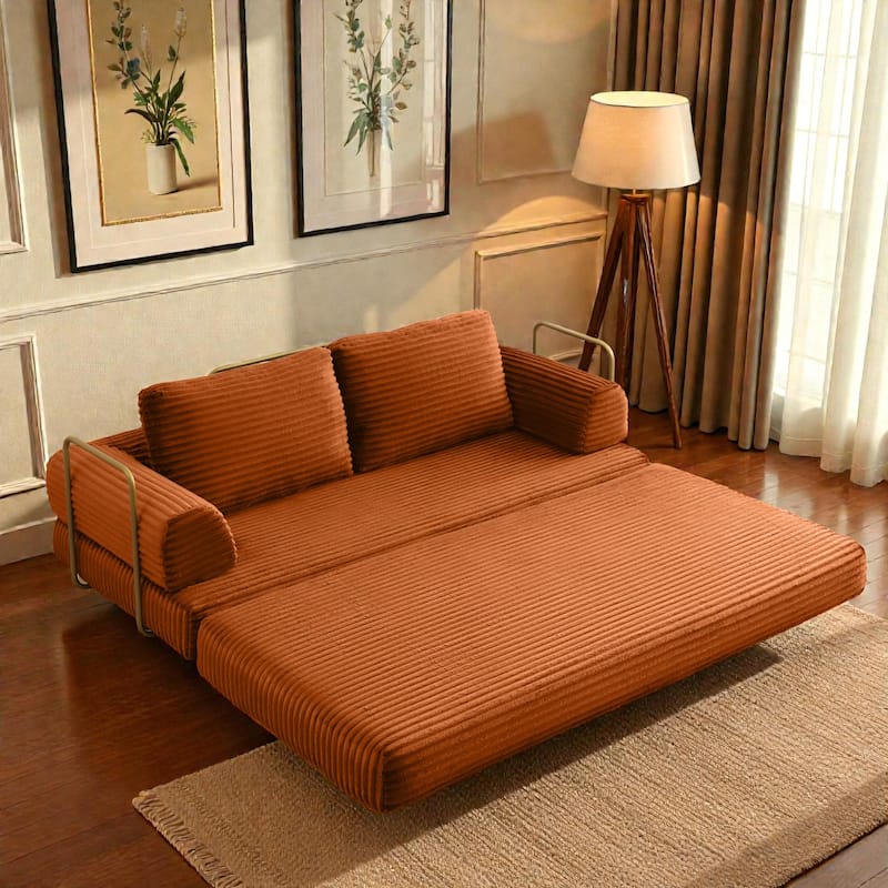 Convertible Sofa Bed Futon, Corduroy Folding Floor Couch with Pillows, Boneless Sleeper Mattress for Living Room