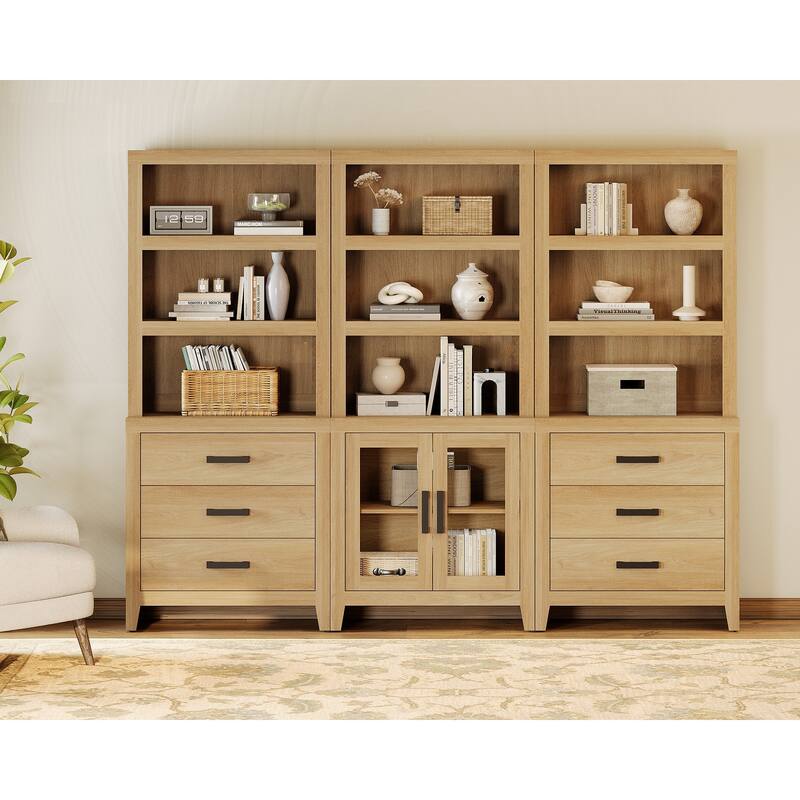 WAMPAT 74" Tall Bookshelf with Glass Doors and Drawers, 3-Tier Farmhouse Storage Cabinet
