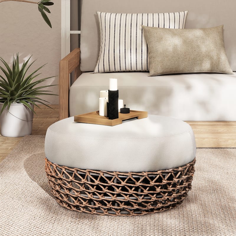 Willow 25" Woven Rope Upholstered Outdoor Patio Ottoman - 25"W X 25"D X 13.5"H