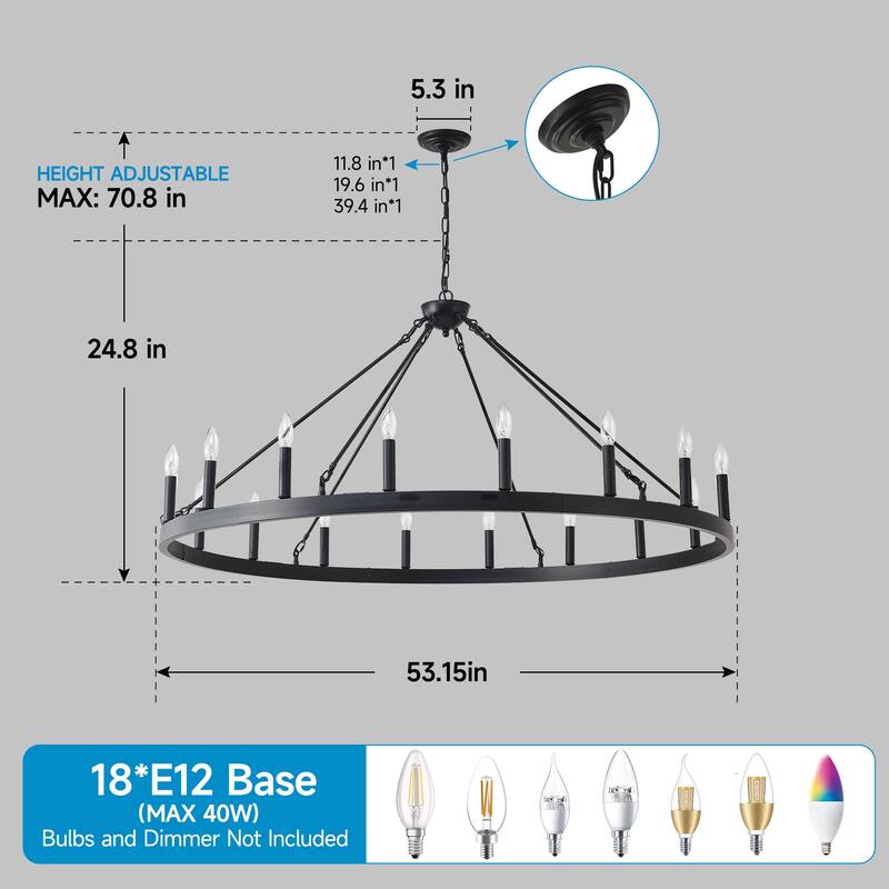 53.15 Inch Matte Black Wagon Wheel Chandelier With 18 light (No Bulbs) -E12