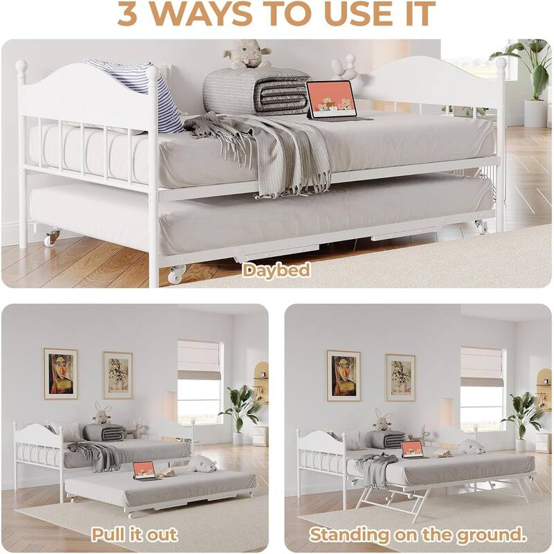 Space-Saving Twin Daybed, Platform Sofa Bed Frame with Foldable Trundle