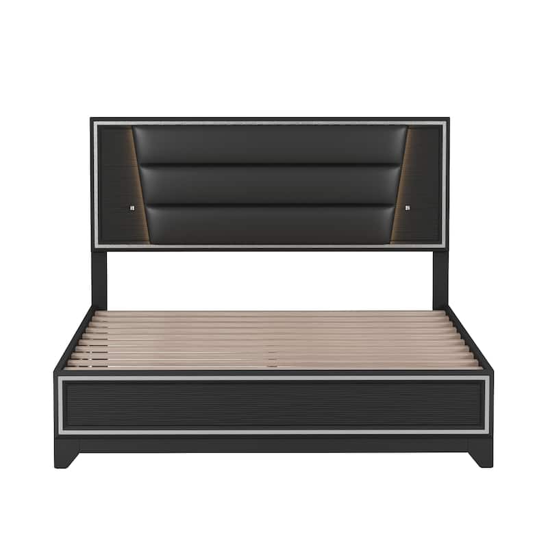 Modern Queen Bed Frame with LED Light Strips and Sparkling Upholstery - White.