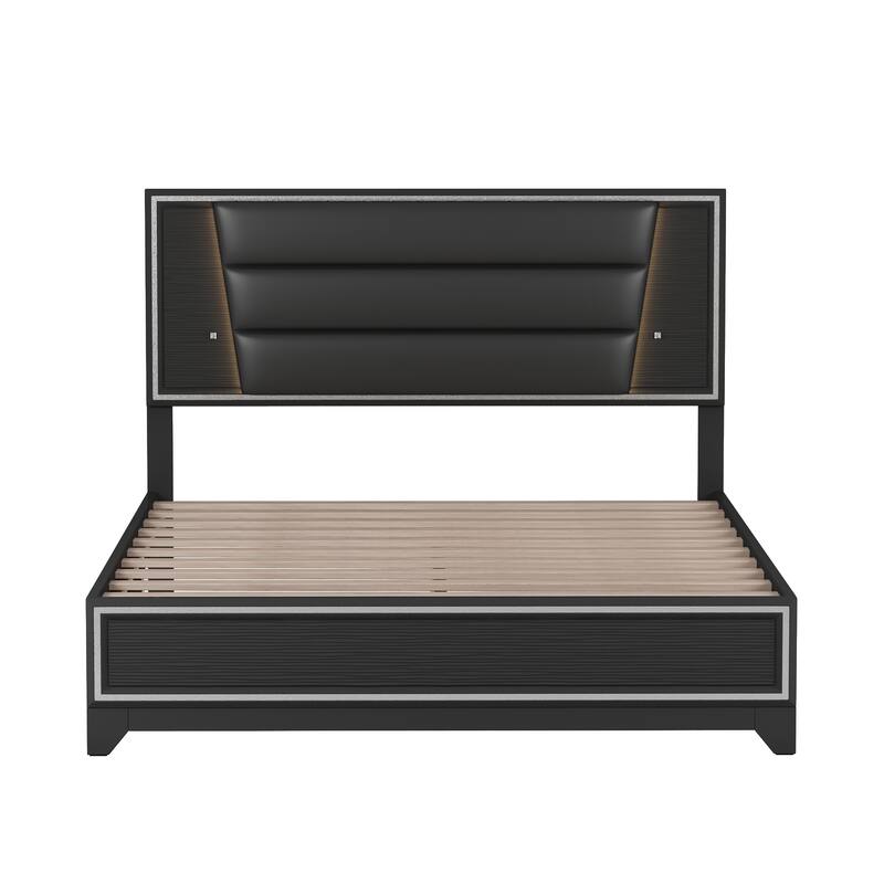 Queen Size PU Upholstered Bed with Headboard Featuring LED Light Strips and Sparkling Shiny Decoration