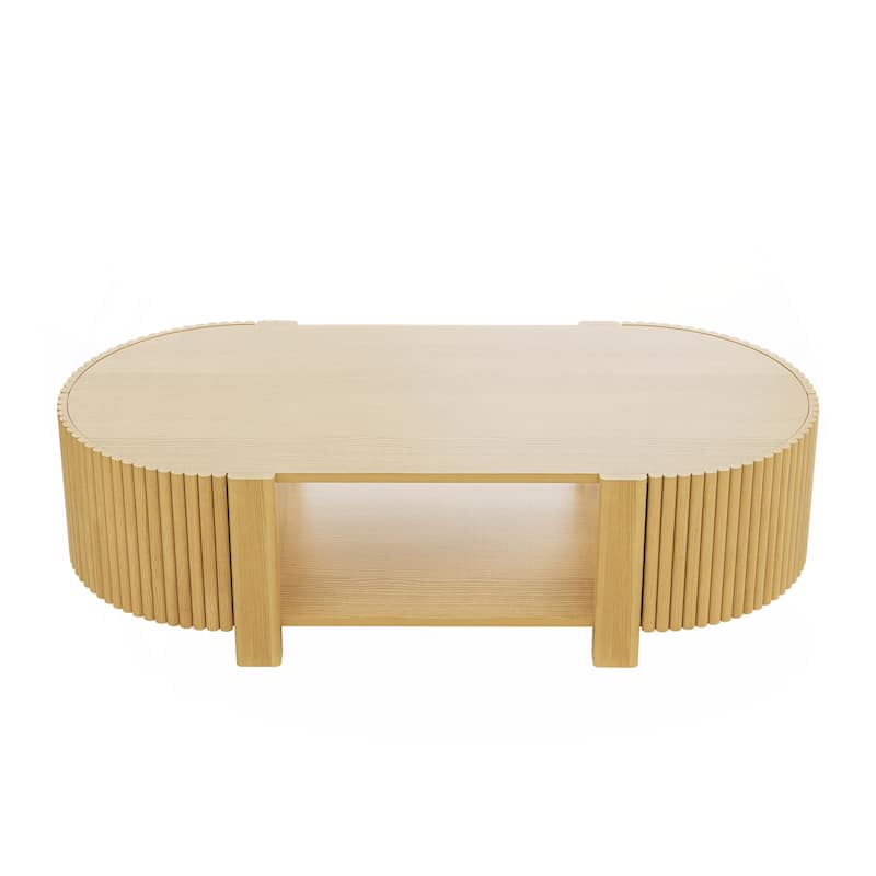 Oval Fluted Coffee Table with Storage for Living Room