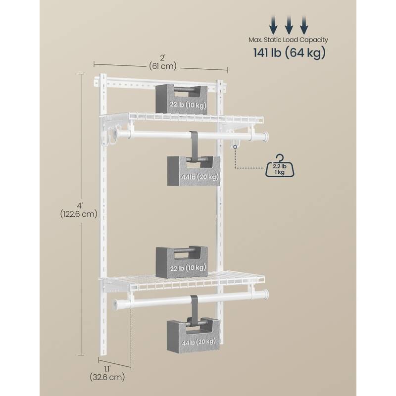 Closet System, 2-4 ft, with 2 Hanging Rods, 2 Shelves, Cloud White - Multi