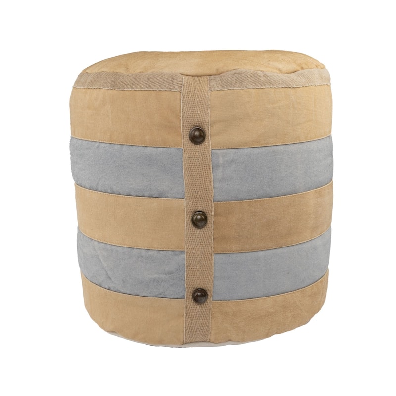 16" Beige and Gray Farmhouse Striped Handmade Round Pouf Ottoman