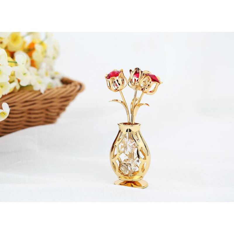 Matashi 24k Gold Plated Flowers Bouquet and Vase w/ Red & Clear Matashi Crystals | 24k Gold-Plated Table Top Decorations