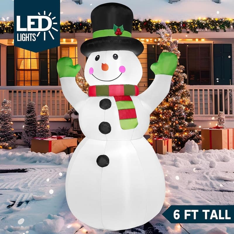 6 FT Tall Christmas Inflatables Snowman Outdoor Decorations with Built-in LEDs, Xmas Blow Up Snow Man with Magic Hat