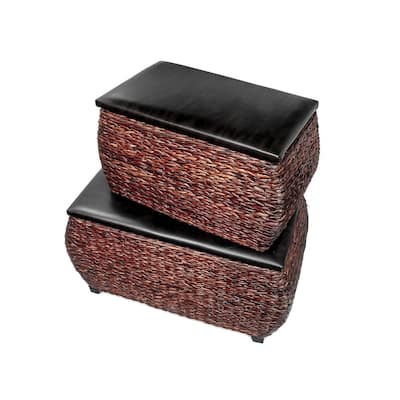 Set Of 2 Natural Rush Ottoman Bench With Storage (chocolate)