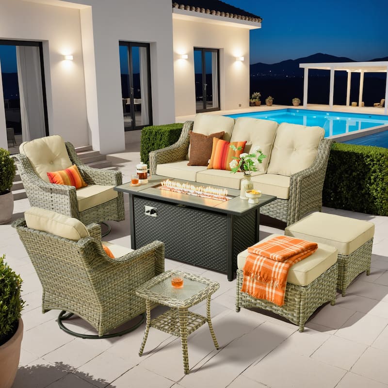 ​​OVIOS 7 Pieces Outdoor Wicker Swivel Chair Set with 54" Fire Table​