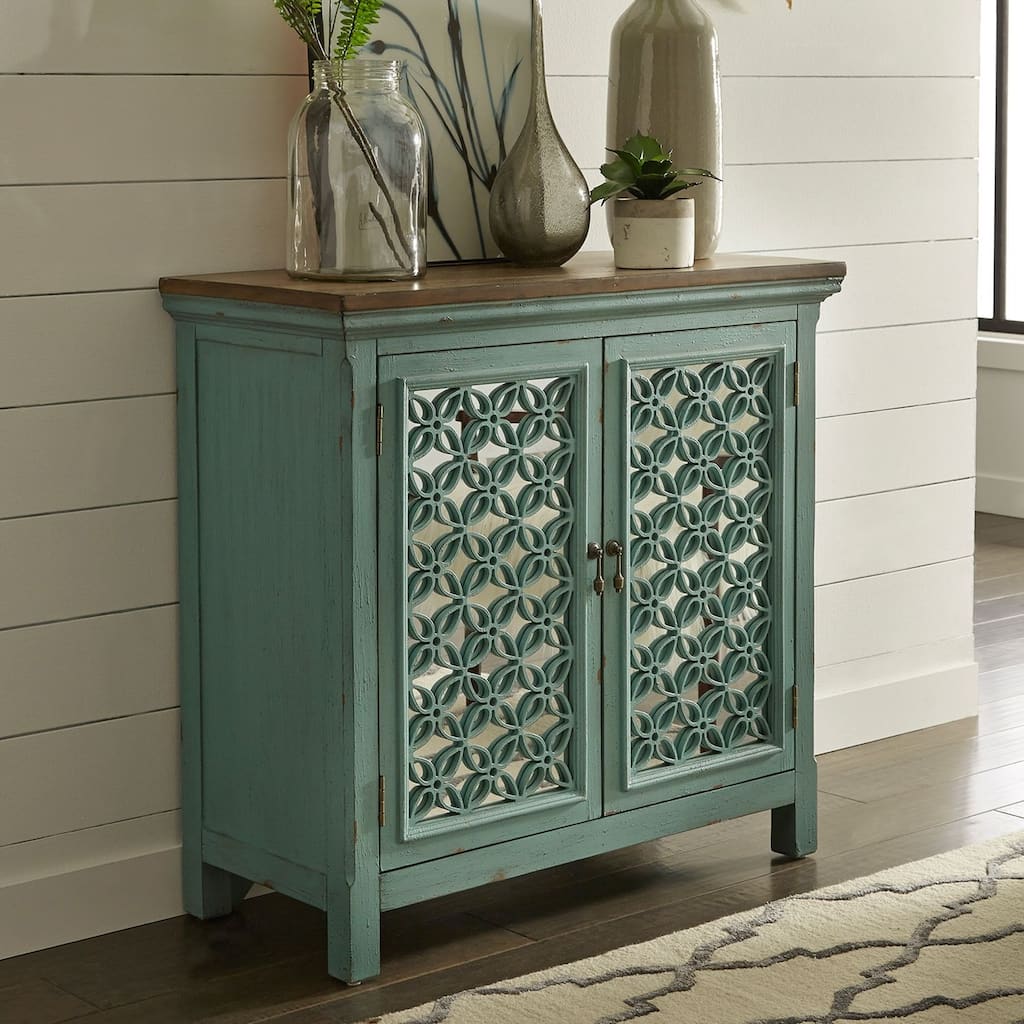 Kensington Turquoise W/ Worn Wood Tone Top 2 Door Accent Cabinet