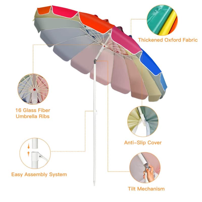 Large 8ft Beach Umbrella with Tilt and 16 Fiberglass Ribs for Beach or Patio Carry Bag Included